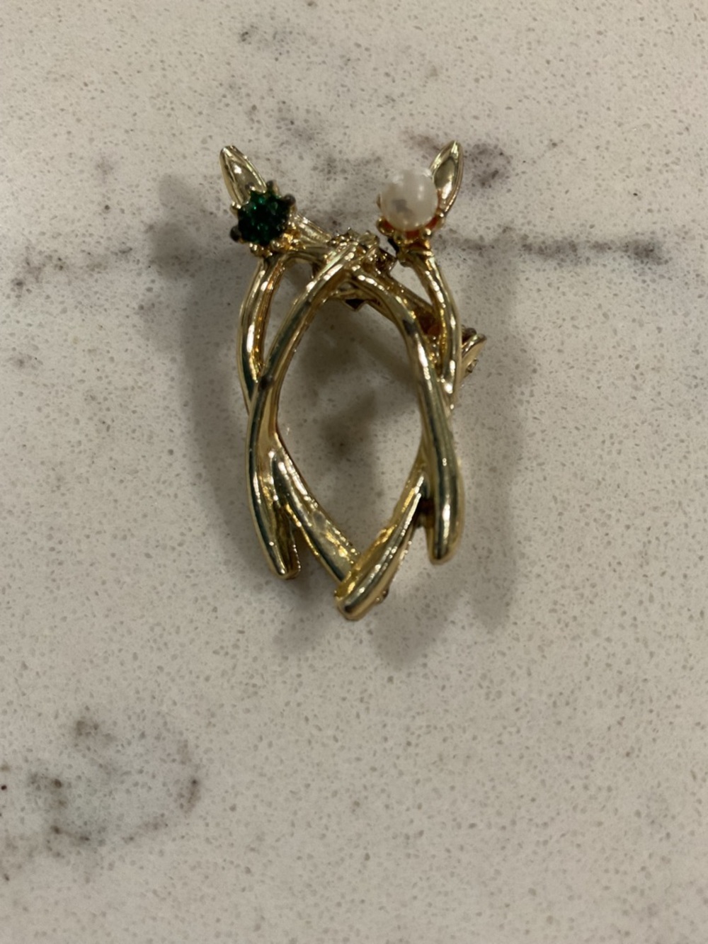 Vintage Double Wishbone Brooch Pin Gold Tone Green Rhinestone Faux Pearl